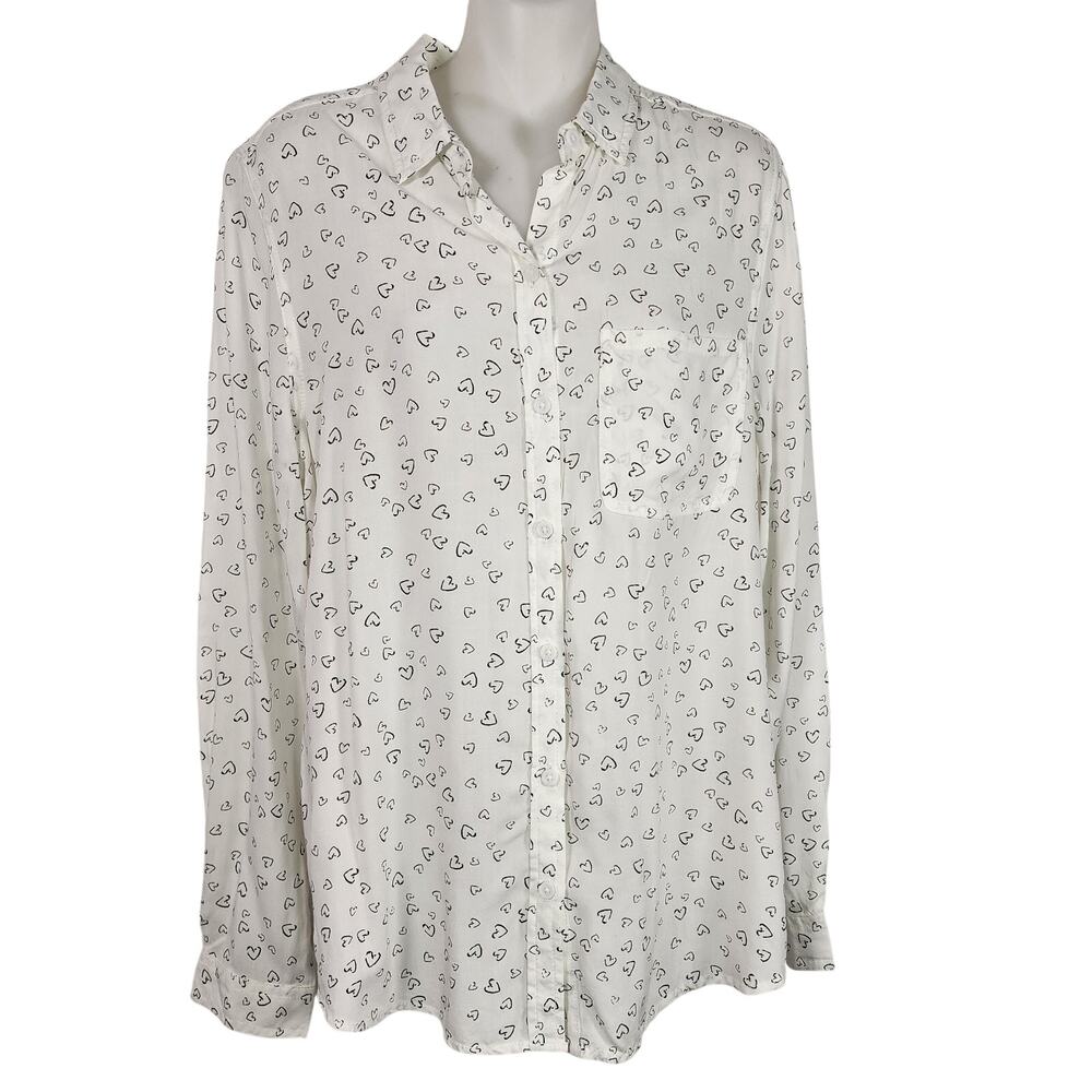 Beachlunchlounge Womens Shirt White Black Heart Print Button Front Medium Pocket